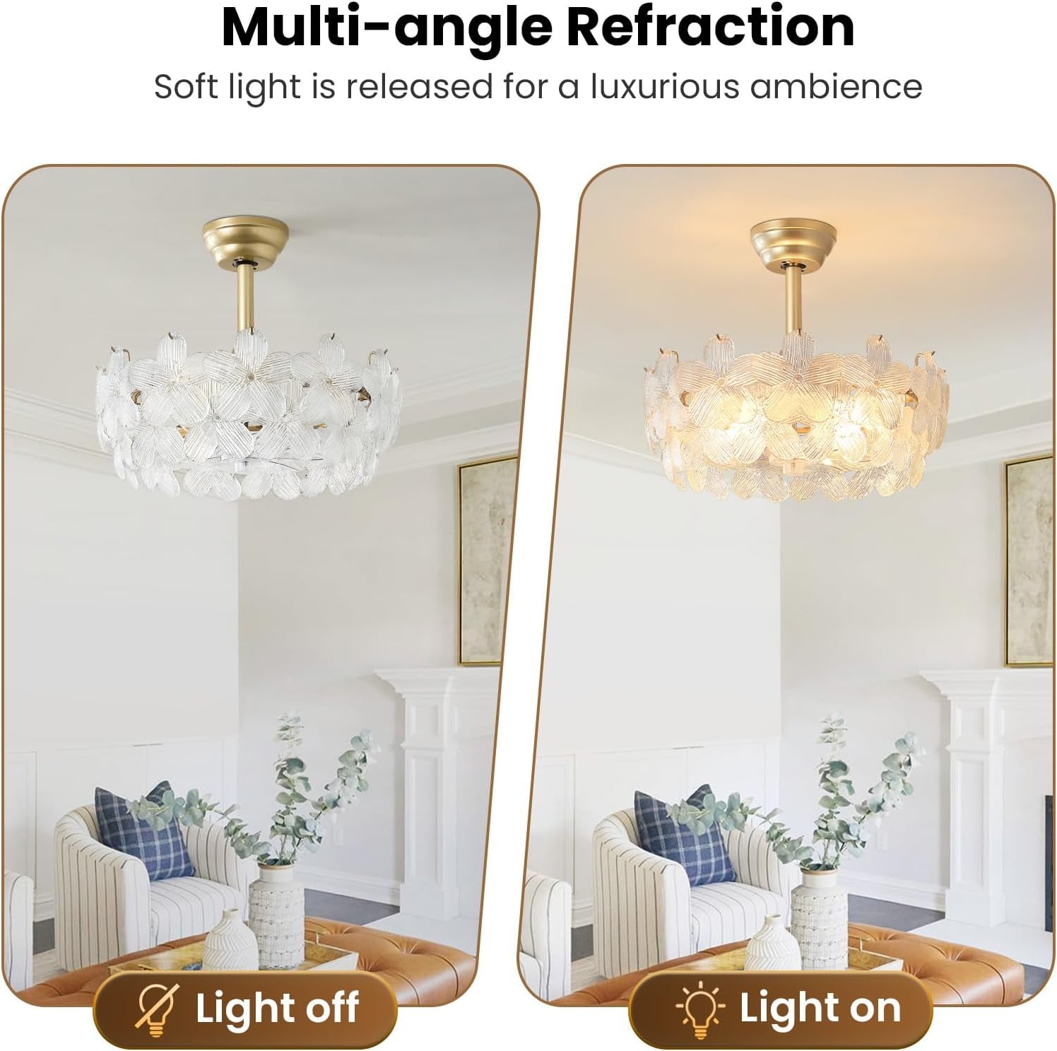 20'' Fandelier Ceiling Fans with Lights, Gold Caged Ceiling Fan with Remote Low Profile, 6 Speed and Petal, Modern Semi Flush Mount Ceiling Fan for Bedroom, Living Room, Nursery