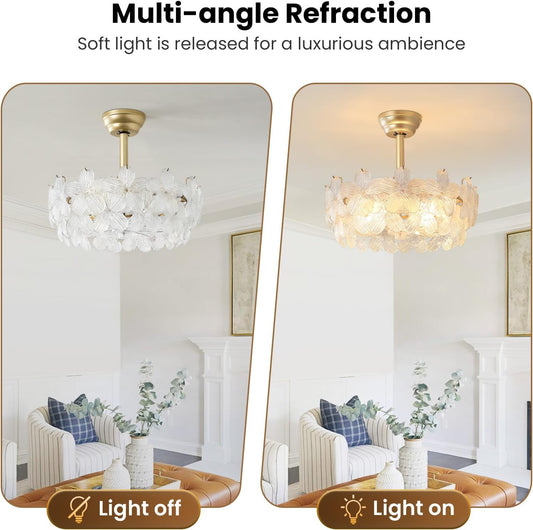 20'' Fandelier Ceiling Fans with Lights, Gold Caged Ceiling Fan with Remote Low Profile, 6 Speed and Petal, Modern Semi Flush Mount Ceiling Fan for Bedroom, Living Room, Nursery