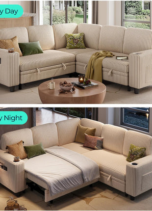 Stylish Corduroy Sectional Sleeper Sofa with Storage Chaise, USB Charging, and Comfortable L-Shaped Design in Beige