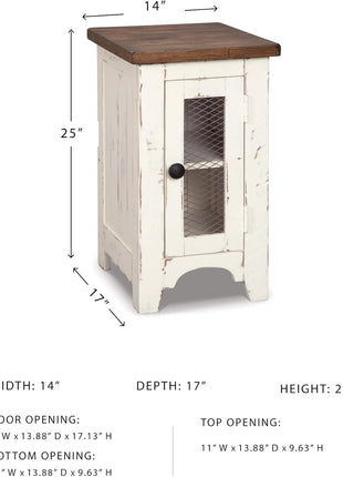 Wystfield Farmhouse Chairside End Table with Storage Cabinet in Distressed White and Brown Finish by Signature Design by Ashley