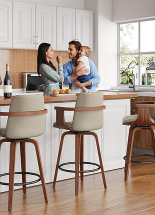26-Inch Swivel Counter Height Bar Stools with Wooden Legs and Backs, Upholstered PU Leather Bentwood Frame Chairs with Armrests for Kitchen Islands and Dining Rooms in Greige