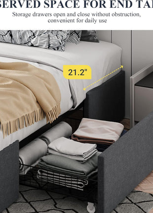 Full Size Upholstered Platform Bed Frame with 3 Storage Drawers, Wooden Slat Support, No Box Spring Required, Noise-Free Design, Easy Assembly, Dark Grey