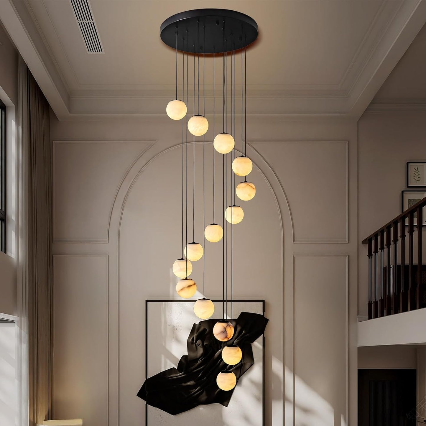 Black Alabaster Staircase Chandelier, 14-Light Modern Marble Pendant Light for High Ceiling Foyer, Luxury Statement Fixture for Entryway & Living Room