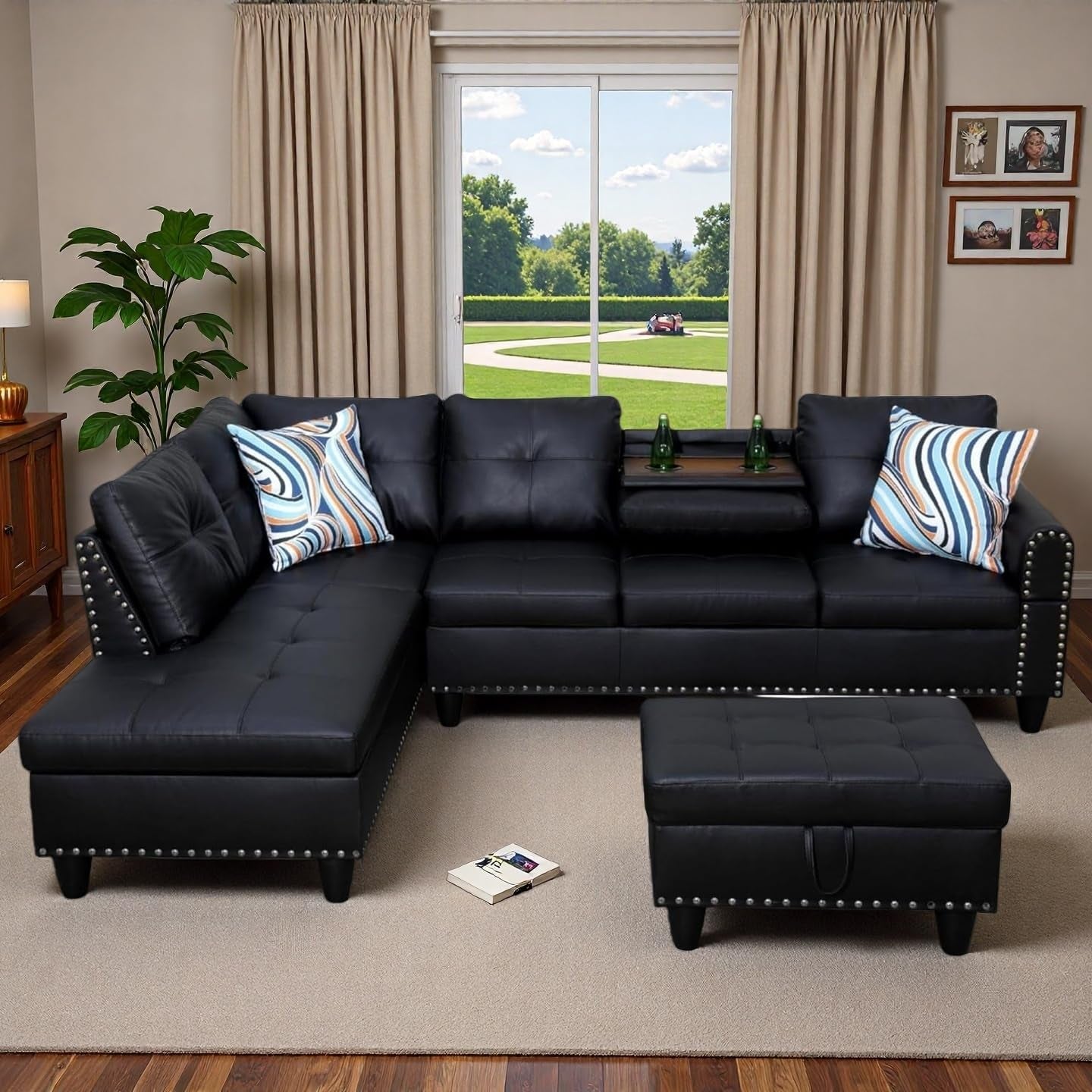 97.5" L Shaped Couch Set, Modular Sectional Couches for Living Room with Storage Ottoman, 4 Seat Home Sofa Living Room Furniture Sets with Chaise for Apartment Office (Leather, Black)