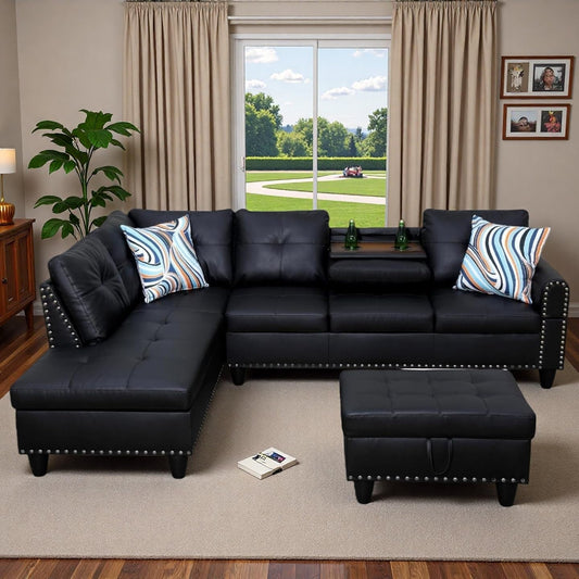 97.5" L Shaped Couch Set, Modular Sectional Couches for Living Room with Storage Ottoman, 4 Seat Home Sofa Living Room Furniture Sets with Chaise for Apartment Office (Leather, Black)