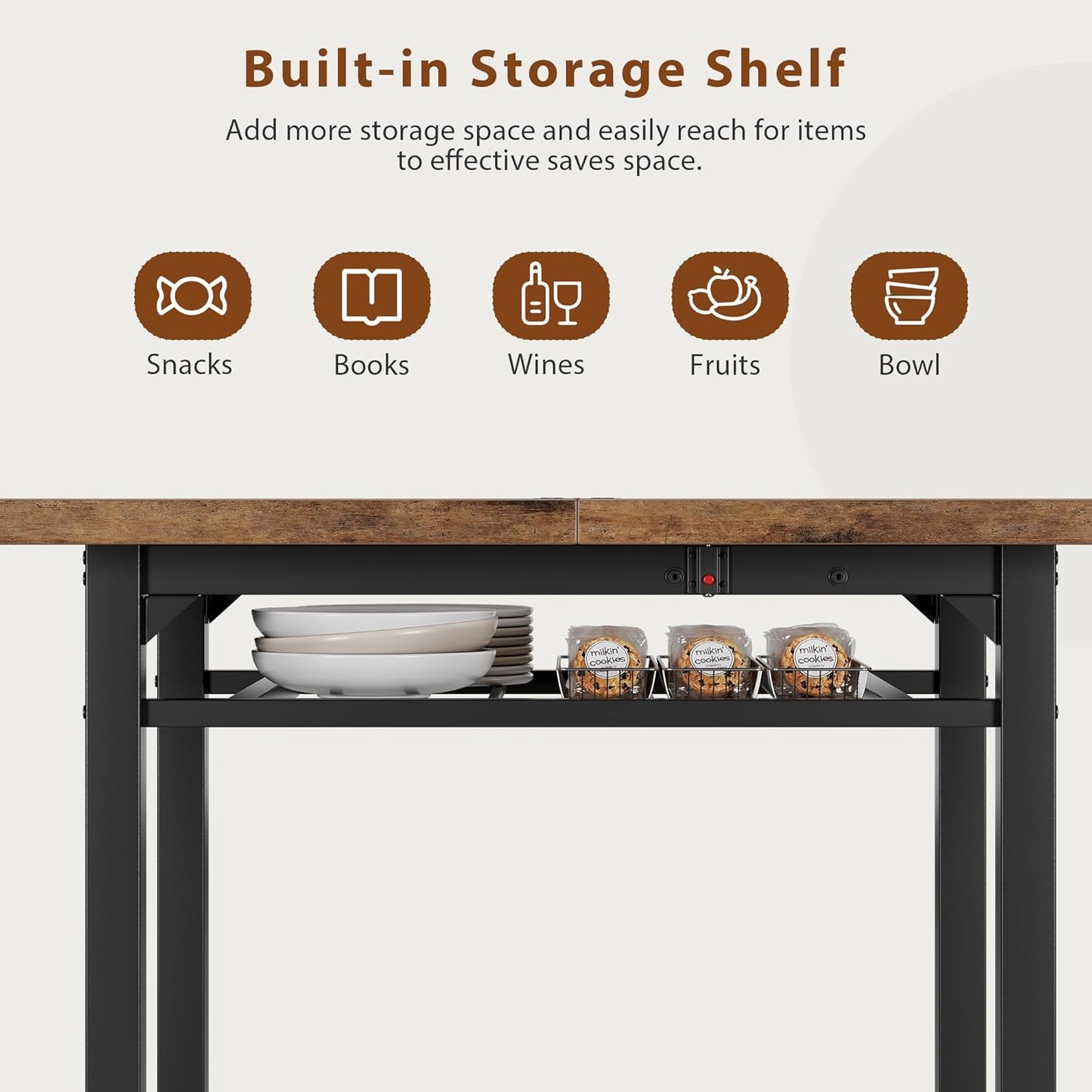 Dining Table Set for 4, Extendable Kitchen Table with 4 PU Leather Upholstered Dining Room Chairs, Wood Kitchen Table Set with Built-In Storage Rack for Dining & Small Spaces, Rustic Brown