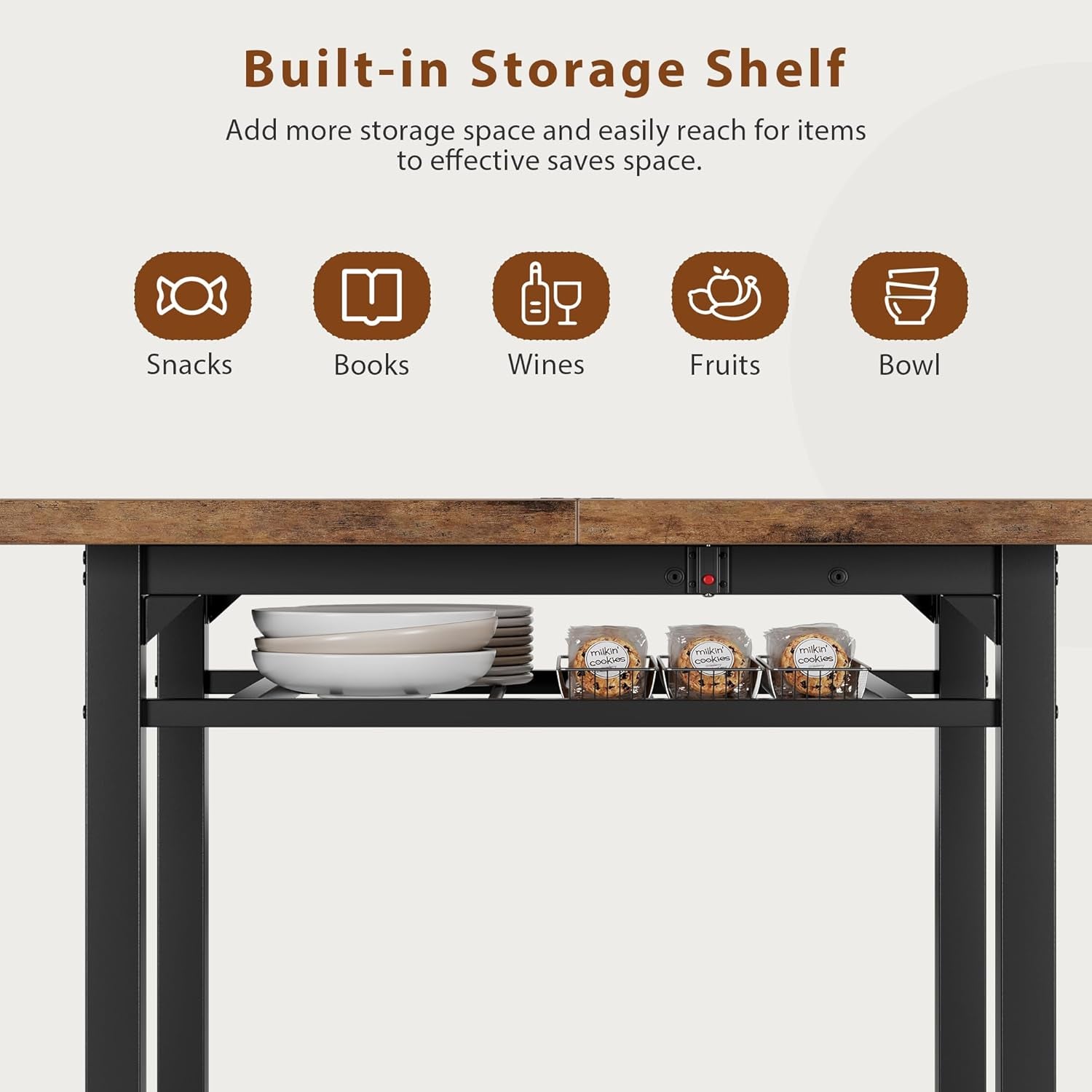 Dining Table Set for 4, Extendable Kitchen Table with 4 PU Leather Upholstered Dining Room Chairs, Wood Kitchen Table Set with Built-In Storage Rack for Dining & Small Spaces, Rustic Brown