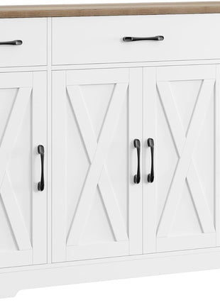 55" Buffet Cabinet with Drawers and Shelves, Modern Farmhouse Sideboard Storage for Kitchen and Dining Room, White/Rustic Finish