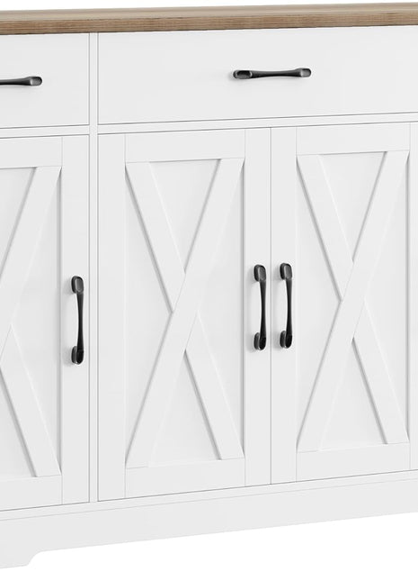 55" Buffet Cabinet with Drawers and Shelves, Modern Farmhouse Sideboard Storage for Kitchen and Dining Room, White/Rustic Finish