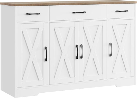 Buffet Cabinet with Drawers, 55" Large Sideboard Buffet Storage Cabinet with Shelves and Doors, Modern Farmhouse Coffee Bar Station Wood Kitchen Table for Kitchen, Dining Room, White/Rustic