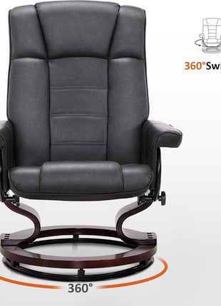 Manual Swivel Recliner and Ottoman Set for Compact Spaces - Dark Grey Faux Leather for Living Room, Bedroom, and Office