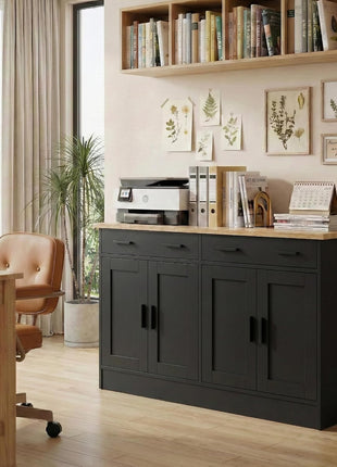 53-Inch Modern Black Buffet Cabinet with Storage - Stylish Kitchen Sideboard Featuring 2 Drawers and 4 Doors, Perfect for Dining Room, Living Room, and Hallway