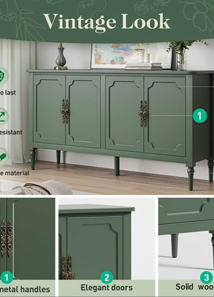 59-Inch Vintage Buffet Cabinet with Adjustable Shelves and Carved Handle, Mid-Century Modern Forest Green Sideboard for Kitchen and Dining Room
