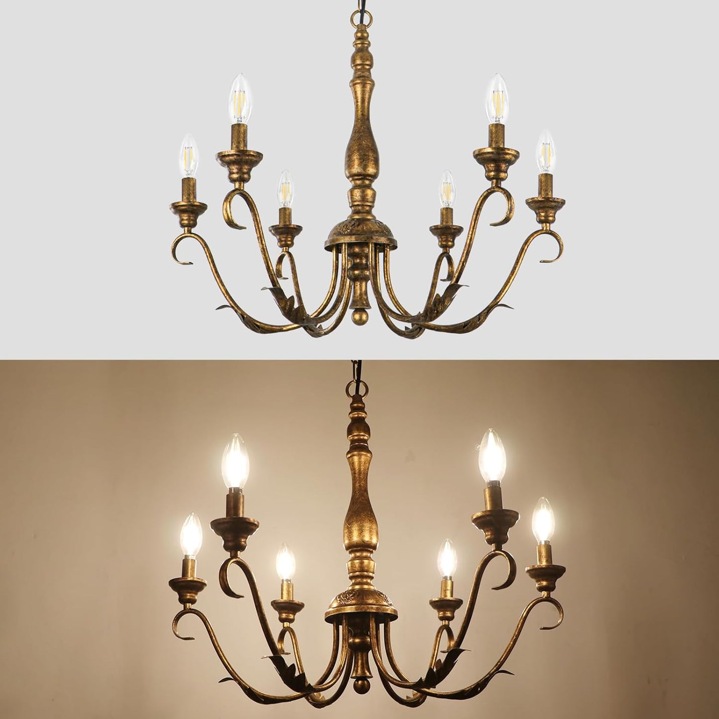 6-Light Farmhouse Chandelier, 23.62'' Vintage Brass Gold Chandeliers for Dining Room, Adjustable Rustic Metal Hanging Pendant Light Fixture for Kitchen Island Entryway Foyer Bedroom Hallway