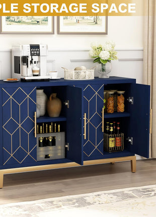 48-Inch Modern Accent Cabinet with Four Doors and Shelves, Gold Trim Sideboard Buffet for Living Room, Kitchen, Dining Room, and Hallway in Blue