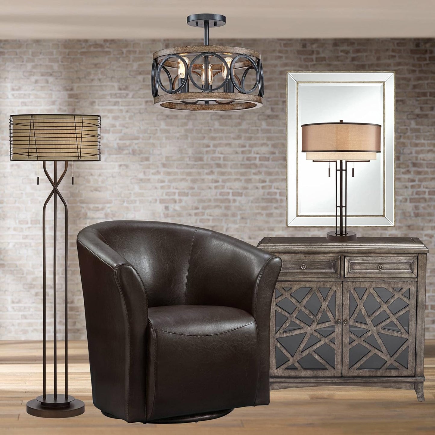 Salima Rustic Farmhouse Ceiling Light Semi Flush Mount Fixture LED Black Circle Wood Finish Grain 16" Wide 3-Light Open Drum for Bedroom Kitchen Living Room Hallway Bathroom