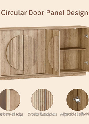 Contemporary Buffet Cabinet with Storage, Round Fluted Door Sideboard with Shelves, Wooden Modular Coffee Bar, Deep Beveled Design for Dining Room, Kitchen, Living Room, Entryway, 63" Natural Oak