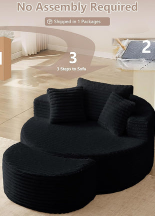 74.6" Oversized Round Chaise Lounge Chair with Ottoman - Fluffy Upholstered Corduroy Deep Seat Large Boneless Circle Sofa for Living Room and Bedroom, No Assembly Required, Black