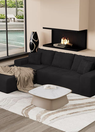 96-Inch L-Shaped Modular Sectional Sofa with Deep Seat Chaise | Boneless Cloud Couch in Soft Corduroy with Compressed Memory Foam | No Assembly Required | Ideal for Living Room, Apartment, or Bedroom | Black Finish
