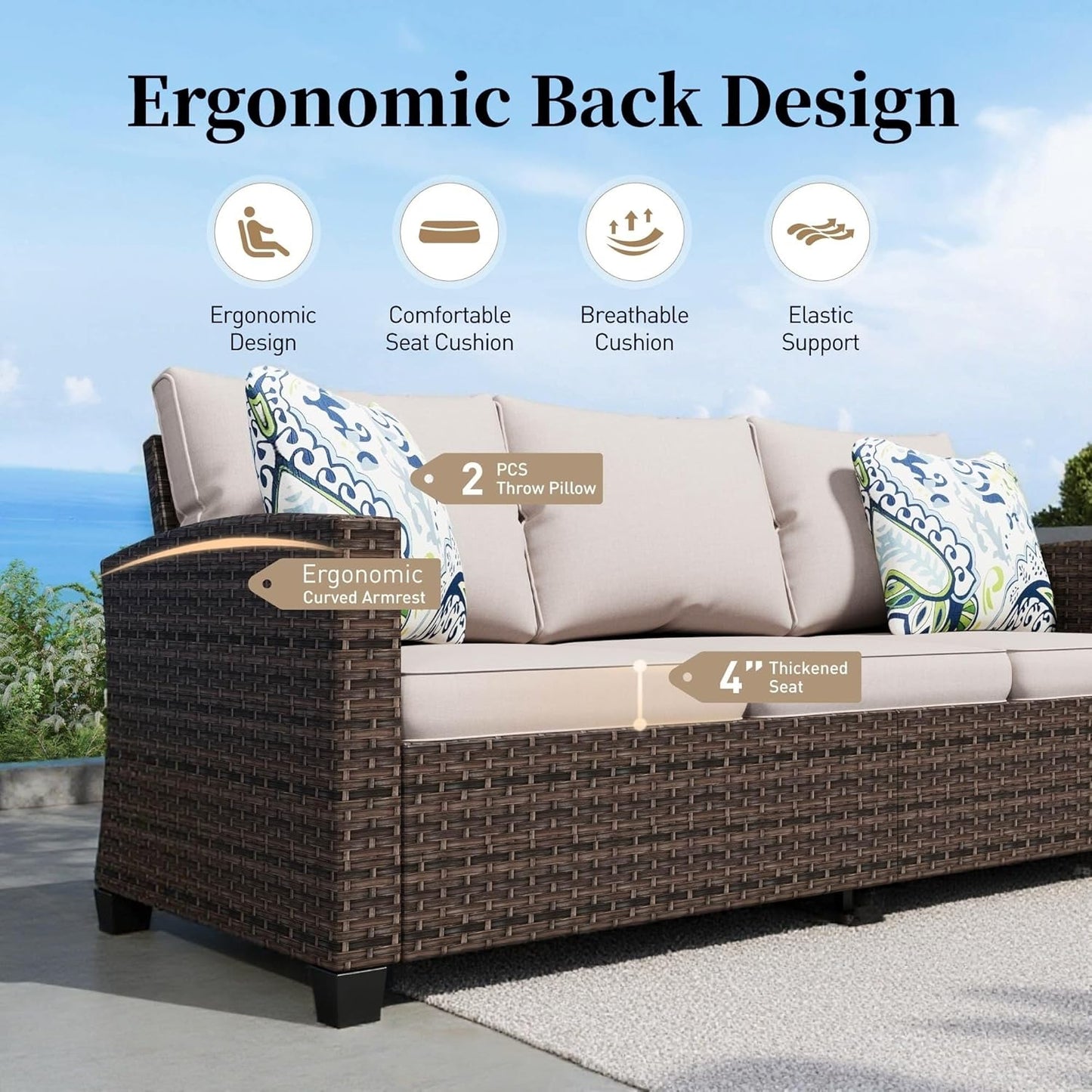 Patio Furniture Set Outdoor Furniture Brown Wicker Rattan Patio Conversation Sets with Cushion outside Sofa Set,7 Pieces with Rectangular Firepit Table,9 Seats,Beige
