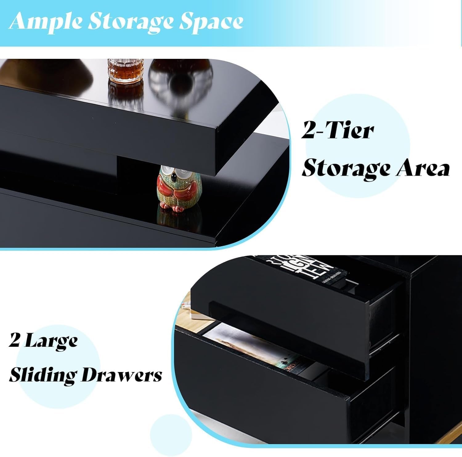 3-Piece High Gloss Living Room Table Set, Includes Modern LED Coffee Table with 2-Tier Design and 2 Matching Nightstands with Charging Station, Black