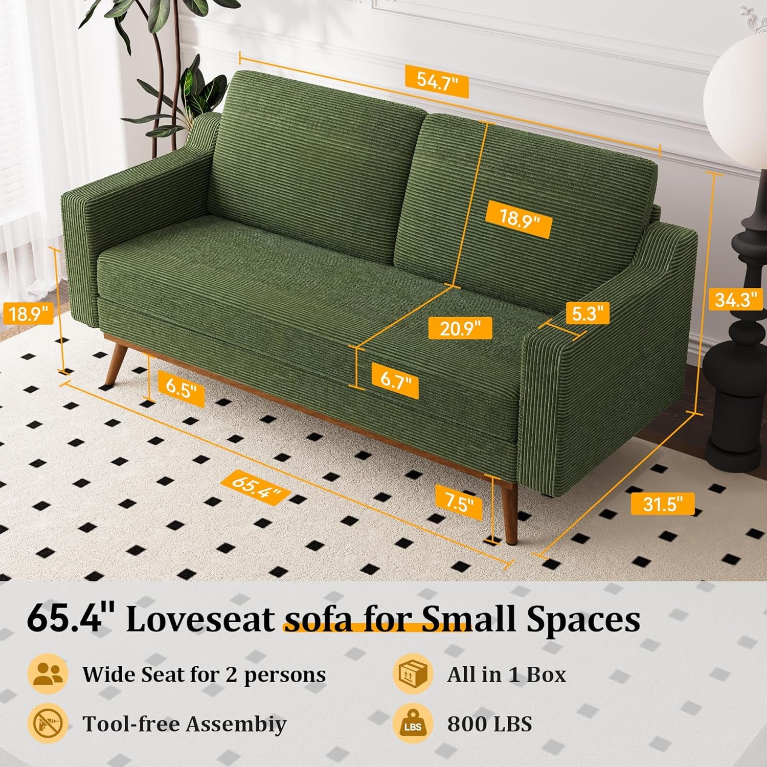 65.4" Loveseat Sofa Green Corduroy Couch, Mid-Century Modern Small Couches for Living Room, Bedroom, Office, Comfy Sofa with Spring Cushion, Solid Wood Frame, Tool-Free Assembly