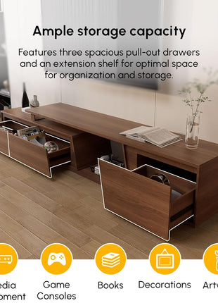 Extendable Walnut TV Stand for Living Room - Minimalist Media Console with Three Drawers and Adjustable Design for TVs up to 110 Inches