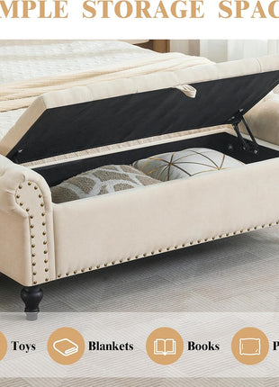 51-Inch Beige Chenille Upholstered Storage Ottoman Bench for Bedroom and Living Room