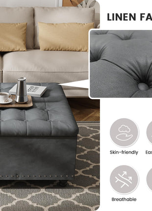 35-Inch Large Square Ottoman with Storage – Oversized Lift-Top Coffee Table Featuring Wood Legs and Tufted Upholstered Design for Living Room in Gray