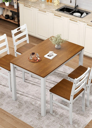 5-Piece Farmhouse Dining Set for Four with Space-Saving Design in Walnut and White Wood