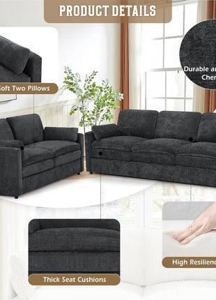 Chenille Upholstered Sofa Set in Dark Grey - 2-Piece Collection with Comfortable 3-Seat Couch and Loveseat, Featuring Thick Cushions and Deeper Seats for Enhanced Comfort in Living Room or Apartment