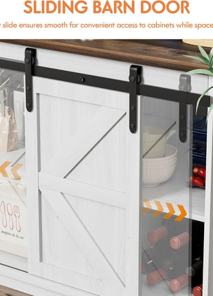 Farmhouse Sideboard Buffet Cabinet with Sliding Barn Doors and Shelving for Dining Room and Coffee Bar, White Finish