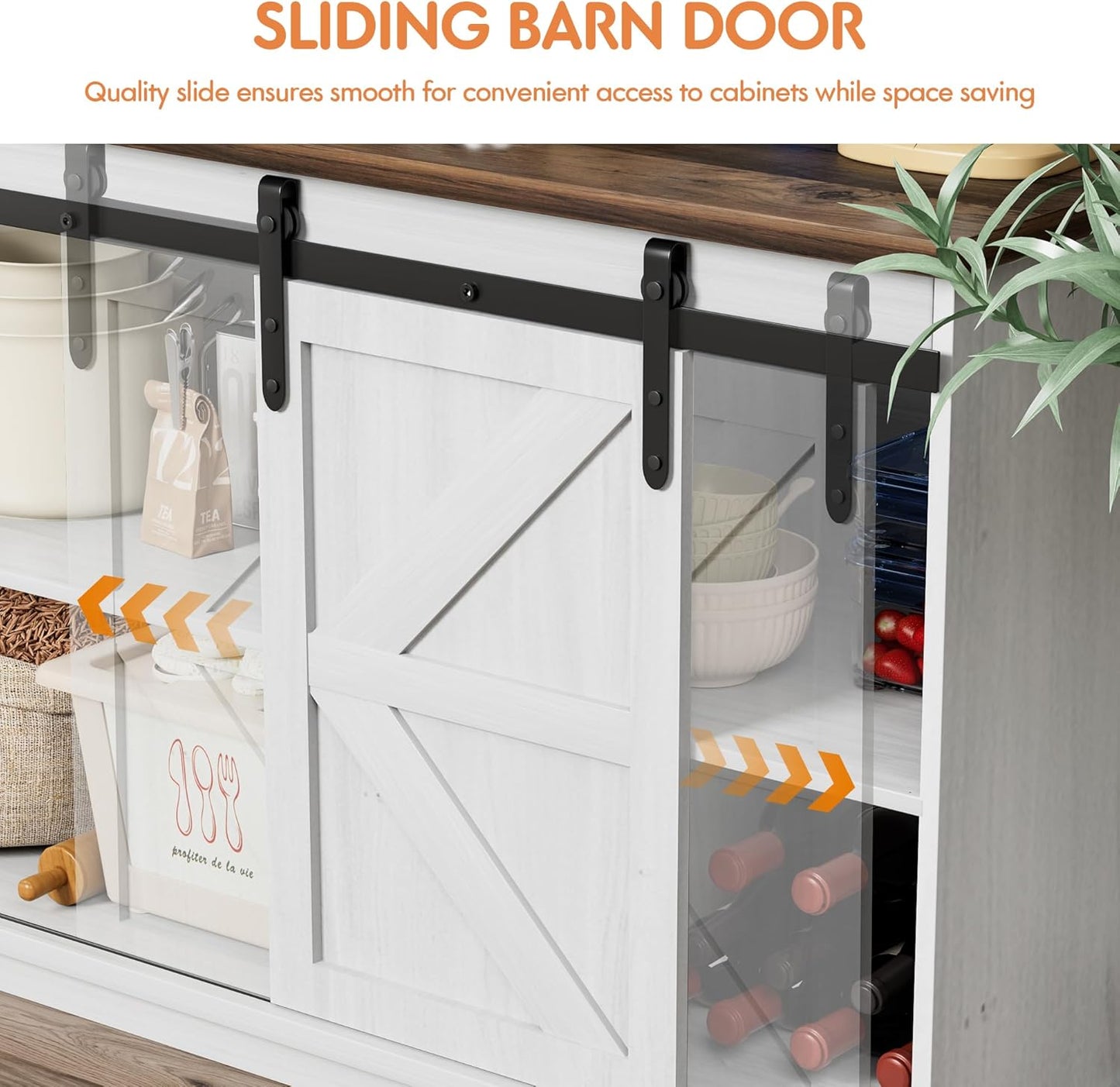 Farmhouse Sideboard Buffet Cabinet, Coffee Bar Storage with Sliding Barn Doors, Shelf for Home Dining Room, White