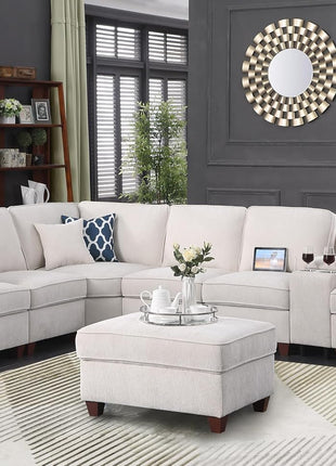 Elegant 127" L-Shaped Sectional Sofa with Movable Ottoman, USB Ports, and Hidden Storage, Accommodating 7 with Cozy Pillows in Chic Beige