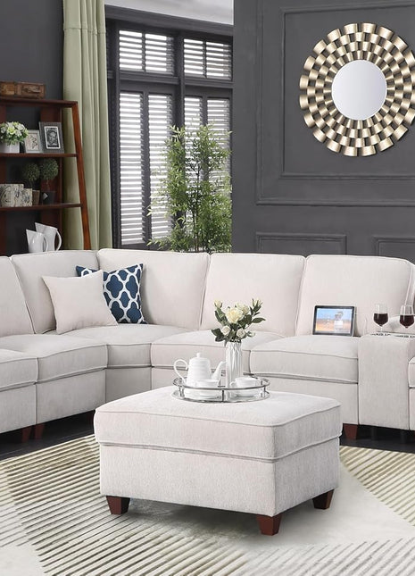 Elegant 127" L-Shaped Sectional Sofa with Movable Ottoman, USB Ports, and Hidden Storage, Accommodating 7 with Cozy Pillows in Chic Beige
