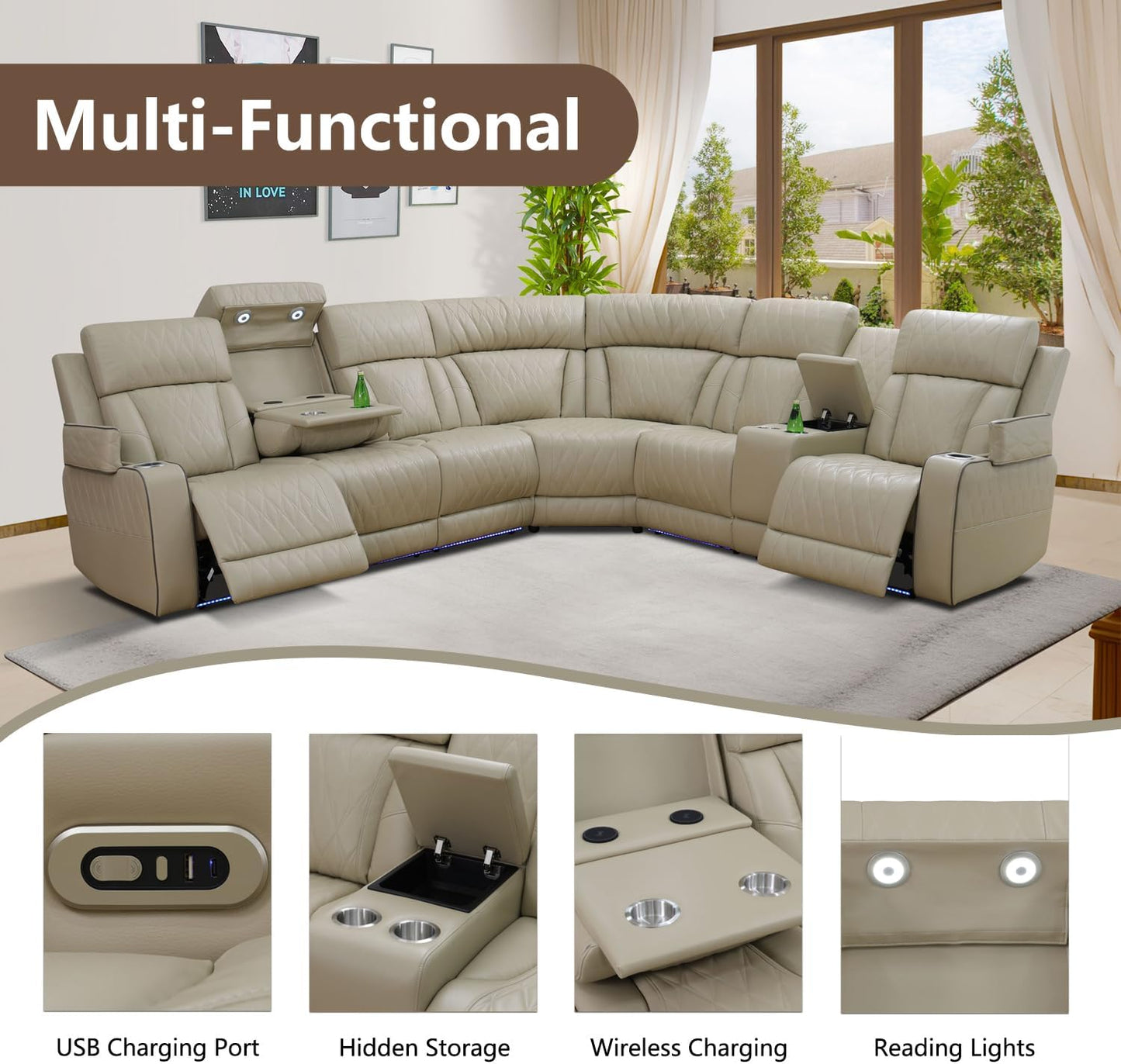 Power Breathing Leather Reclining Sofa Set,Power Recliner Sectional Couch with LED Light,Sectional Reclining Couch Set with USB Port/Storage for Living Room Home Office (Beige)
