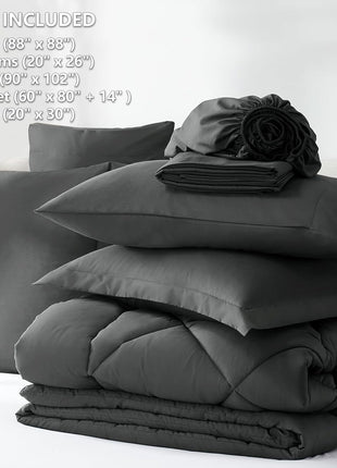 Queen Size 7-Piece Dark Grey Comforter Set - Luxury Soft All-Season Bedding Set with Comforter, Sheets, Pillowcases, and Shams