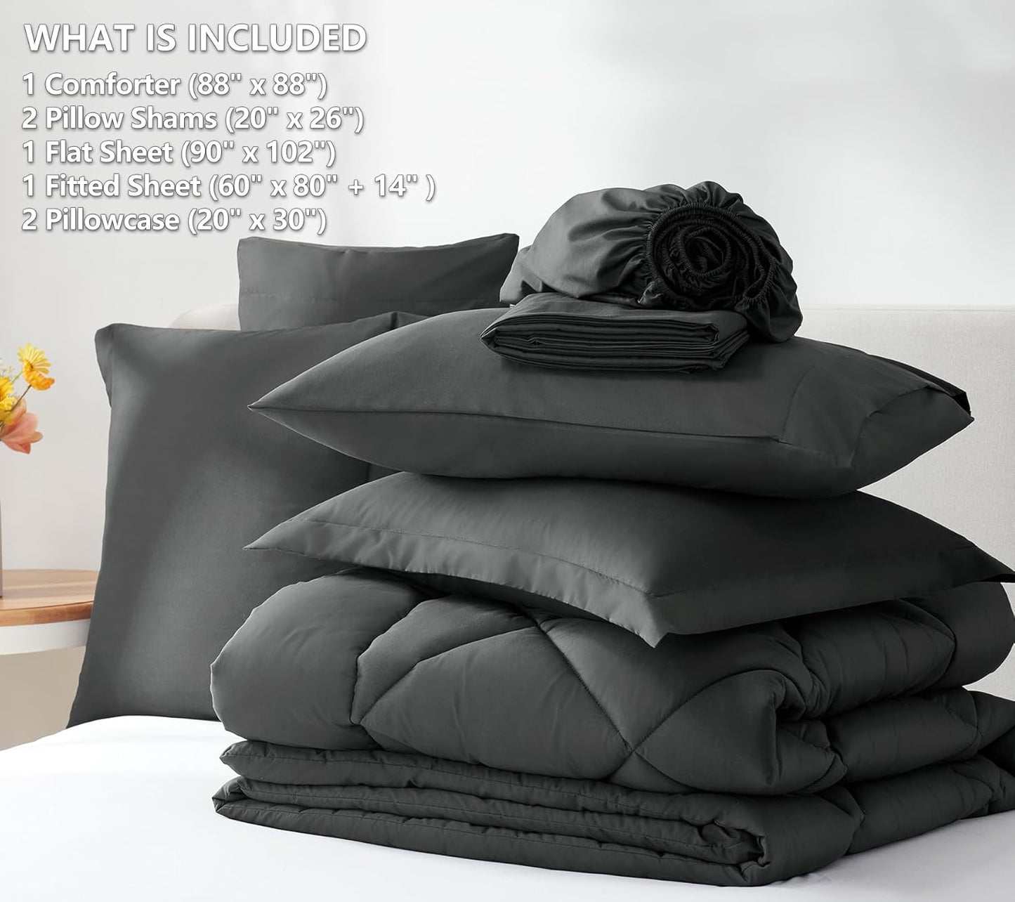 Queen Comforter Set Dark Grey - Bed in a Bag Queen Size 7 Pieces, Luxury Soft Bed Set for All Seasons, Bedding Set with Comforter, Sheets, Pillowcases & Shams, Dark Gray, Queen