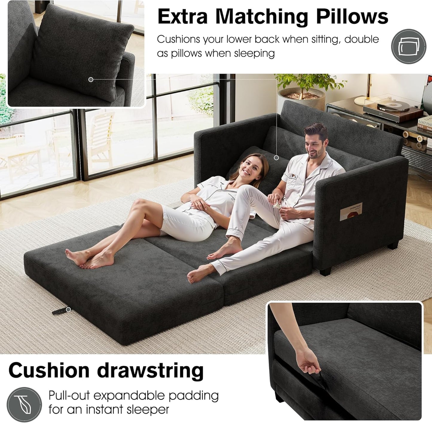 51" Loveseat Sleeper Sofa Bed, Chenille Convertible Floor Sofa Bed for Small Spaces, Folding Couch Bed with Deep Seat, 2 Pillows & Solid Frame, Pull Out Floor Couch for Living Room, Black