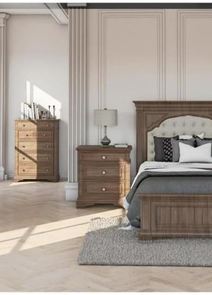 Highland Park 83.5" x 90" Farmhouse Wood and Fabric Upholstered King Bed with Button-Tufted Headboard and Low Vertical Planked Inset Footboard in Driftwood Gray Finish by  Company