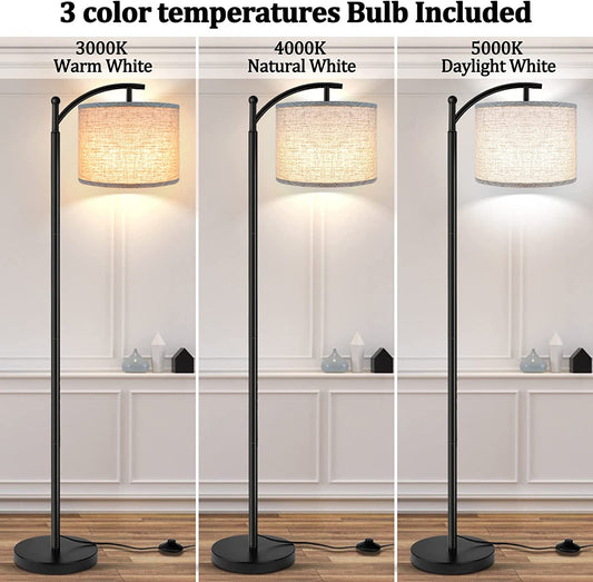 Floor Lamp for Living Room with 3 Color Temperatures LED Bulb, Standing Lamp Tall Industrial Floor Lamp Reading for Bedroom, Office (9W LED Bulb, Beige Lampshade Included) -Black