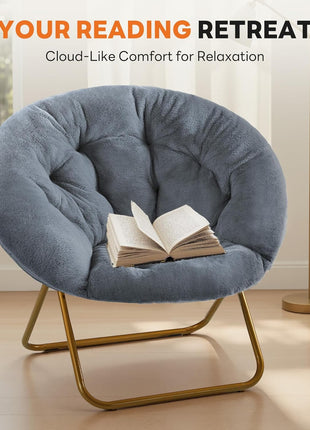 X-Large Faux Fur Saucer Chair - Contemporary Folding Lounge Chair with Plush Padded Seat and Sturdy Metal Frame for Living Room, Bedroom, and Dormitory in Classic Gray