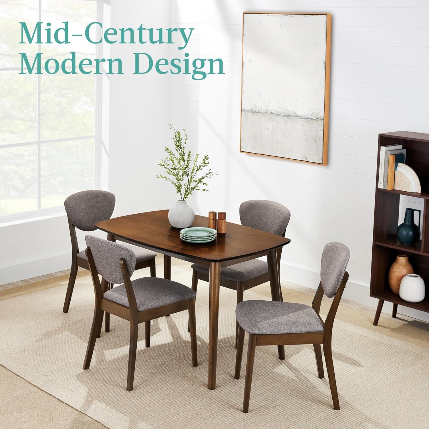 5-Piece Dining Set, Compact Mid-Century Modern Table & Chair Set for Home, Apartment W/ 4 Chairs, Padded Seats & Backrests, Wooden Frame - Walnut/Light Gray