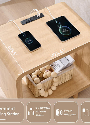 23.6-Inch Contemporary End Table with Integrated Charging Station, Two-Tier Design, Open Storage Shelf, and Electrical Outlet, Wooden Nightstand for Bedroom and Living Room, Easy Assembly, Natural Oak Finish