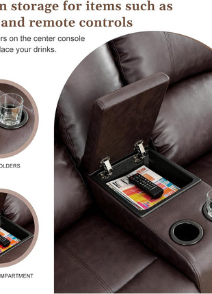 Leather Recliner Sofa Set: 3-Piece Sectional Furniture with Convertible Table & Cup Holders for Living Room, RV, or Office in Brown Leather