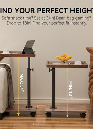Adjustable Height C-Shaped End Table with 360° Swivel Functionality, Perfect for Compact Living Areas - Walnut Brown Finish
