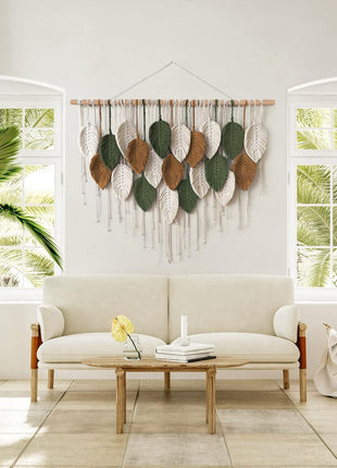 Large Macrame Wall Hanging - Handcrafted Bohemian Tapestry for Elegant Home Decor, Featuring Leaf and Feather Design for Living Room, Bedroom, Nursery, and Apartment - 39"W x 29.5"L