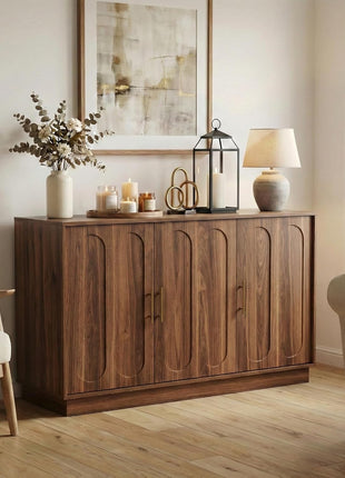 46.6" Modern Farmhouse 3-Door Storage Cabinet, Rustic Brown Sideboard Buffet with Gold Accents, Spacious Fluted Wood Credenza for Dining and Living Spaces, Coffee Bar