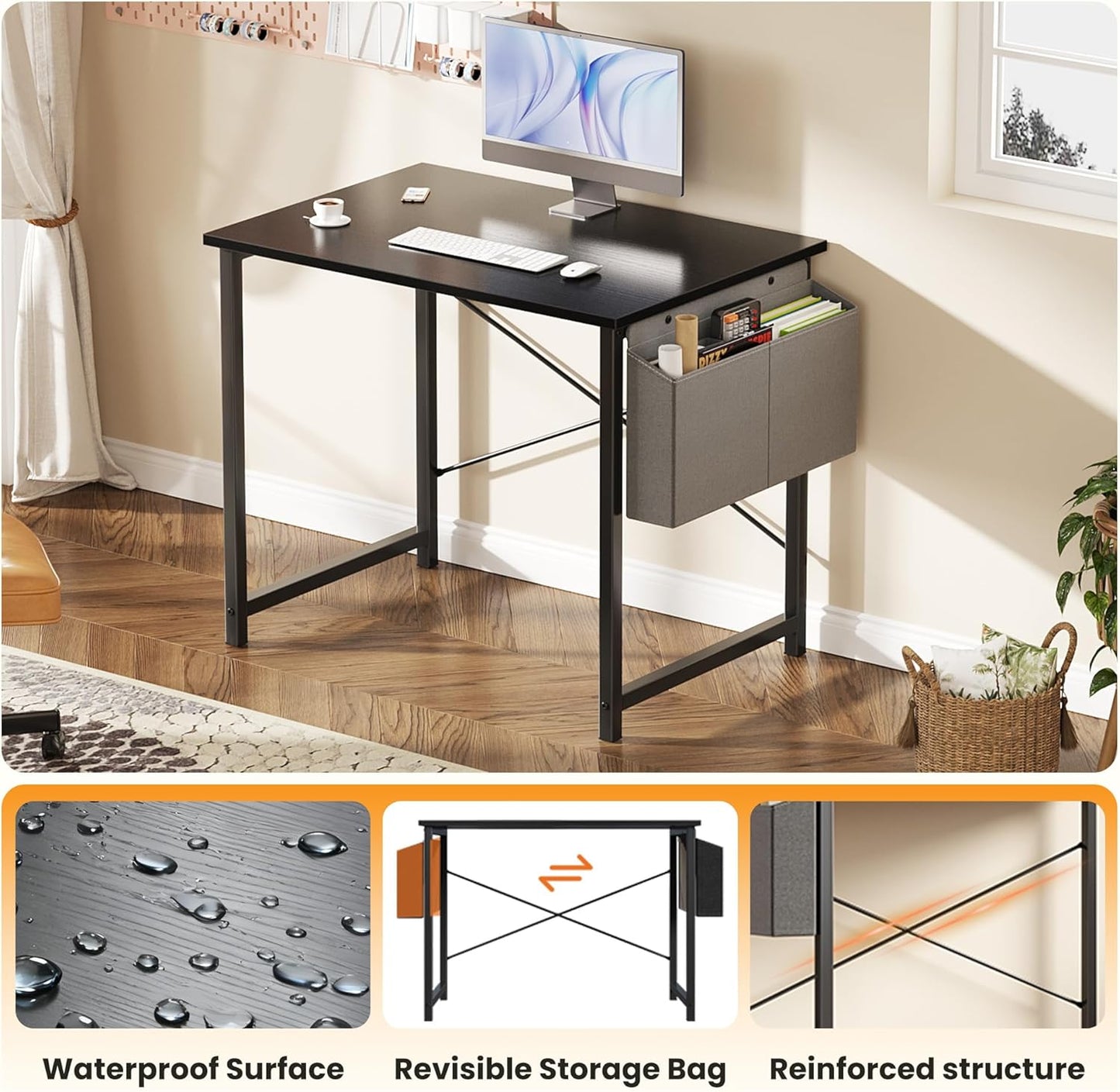 Small Computer Desk for Bedroom 32 Inch Home Office Desks for Small Spaces Writing Gaming Work Study Table with Storage Bag Black