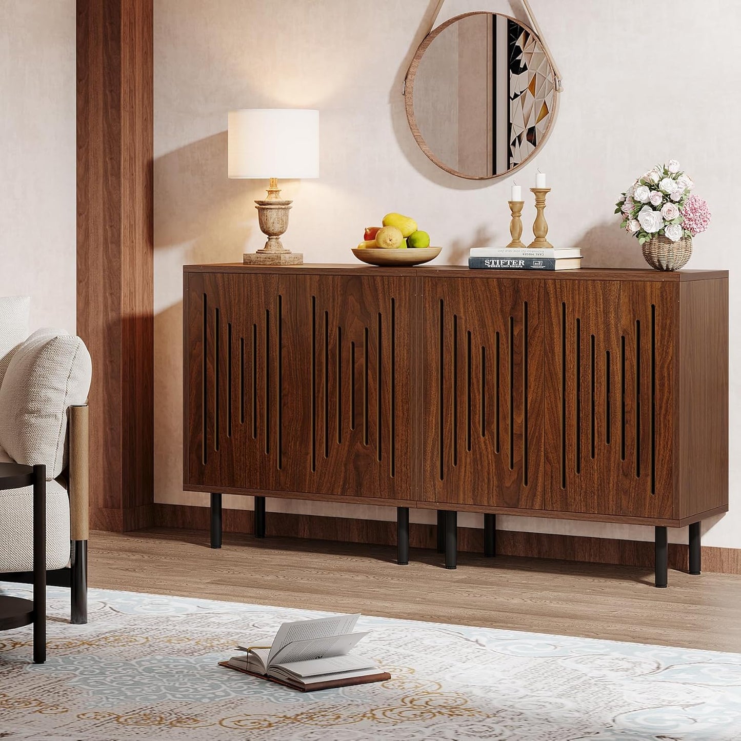 Set of 2 Sideboard Buffet with Storage, 59" Buffet Sideboard Cabinet with Adjustable Shelves, Accent Storage Cabinet for Living Room, Dark Brown